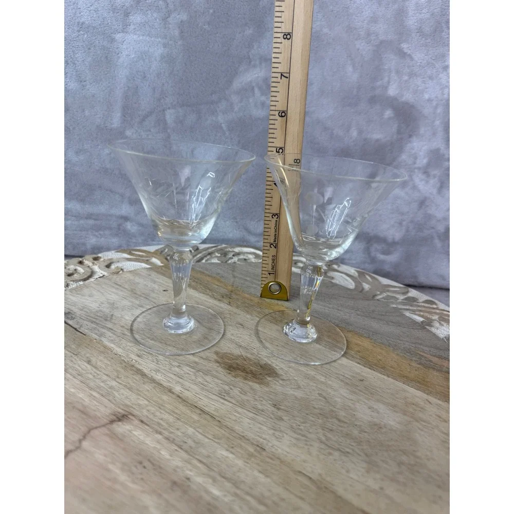 Vintage Etched Floral Crystal Cordial Glasses Set of 2 Clear Stemware 4.5in